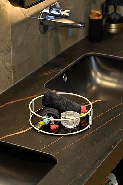 Edora Home Beige Bathroom Organizer Cosmetic Jewelry Perfume Towel Organizer Presentation Tray with Plexiglass -Metal Stainless