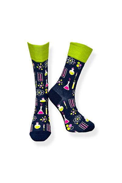 Mevo Single Unisex Chemistry Patterned Navy Blue Flexible Moisture Cotton Socks