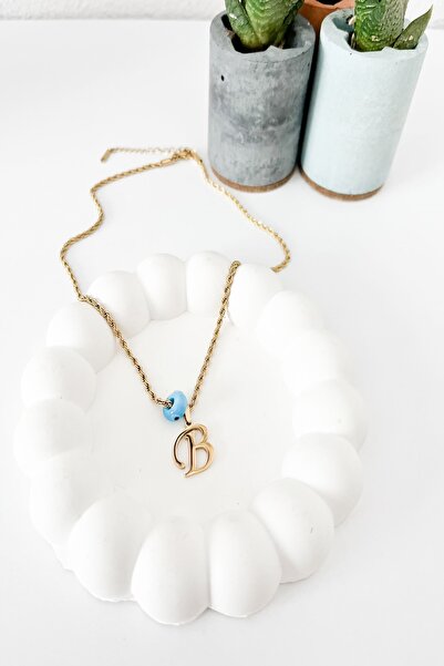 Pretty Mavi Boncuk Ve ( B ) Harfi Gold Renk Burgu Model Kararmaz Çelik Kolye