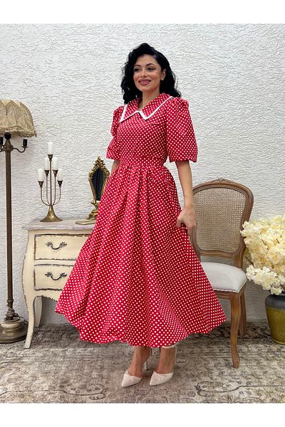 KÜÇÜĞÜM BUTİK Red Polka Dot White Lace Flared Dress with Neckline