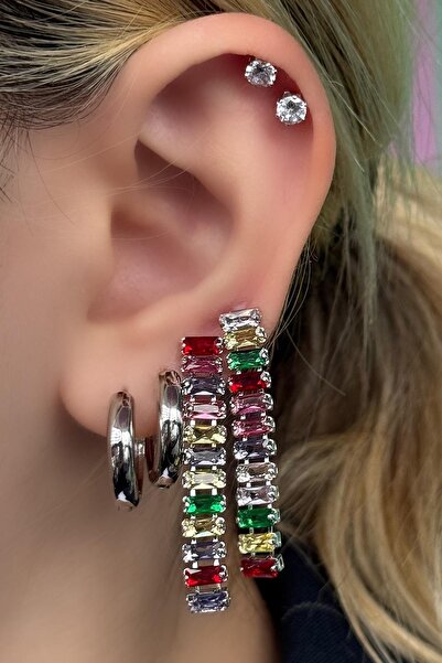 TAKIŞTIR Silver Color Stone Detailed 6-Piece Steel Earring Set