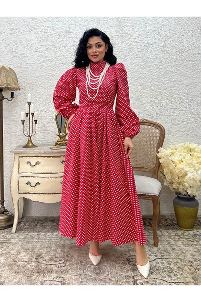 KÜÇÜĞÜM BUTİK Φόρεμα Hijab Red Polka Dot Long Flared