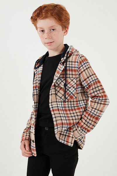 Lela Boys Winter Lumberjack Shirt - Hooded, Double Pockets, Plaid Print Cf24W81778