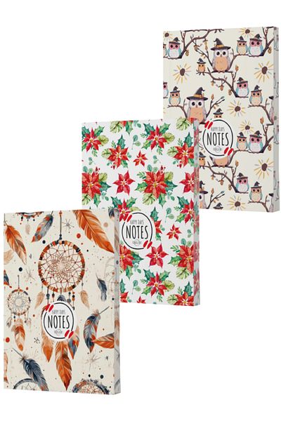 Dokuz Yayınları Vivago Art Feather, New Year, Owl 14X20 Line Notebook Set (3X160 Sheets)