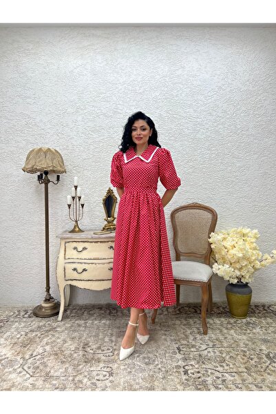 KÜÇÜĞÜM BUTİK Červené puntíkované bílé krajkové šaty s límečkem