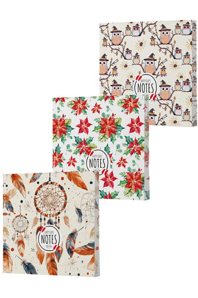 Dokuz Yayınları Vivago Art Feather, New Year, Owl 15X15 Unlined Notebook Set (3X160 Sheets)
