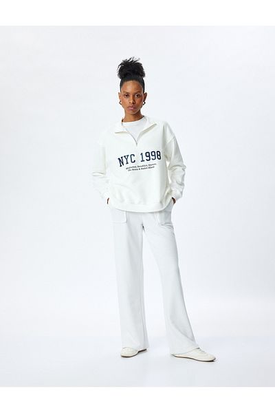 Koton Three Thread Long Sleeve Half Zipper Stand Collar Printed Sweatshirt