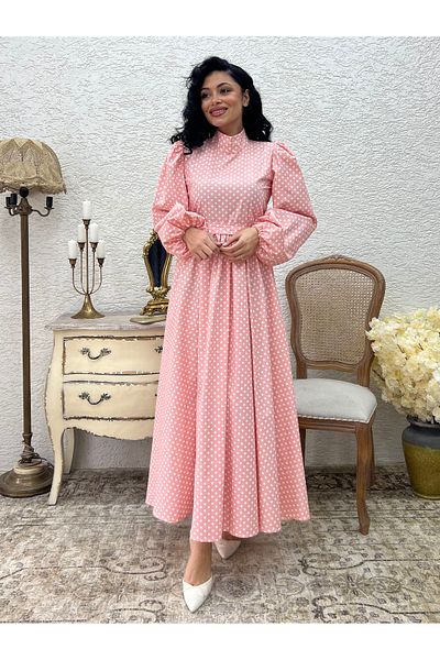 KÜÇÜĞÜM BUTİK Rochie lungă evazată cu buline roz Hijab