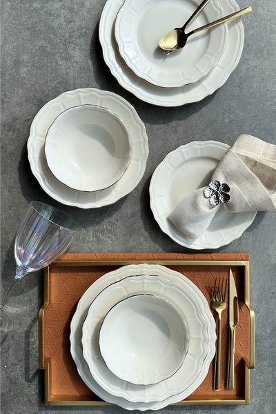 porselenden Elegance Perla Gold Krem 24 Parça 6 Kişilik Premium Porselen Yemek Takımı ( Altın Detay )