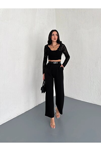 Zula Moda Γυναικείο υφασμάτινο παντελόνι Palazzo με ζώνη / υφασμάτινο φαρδύ π...