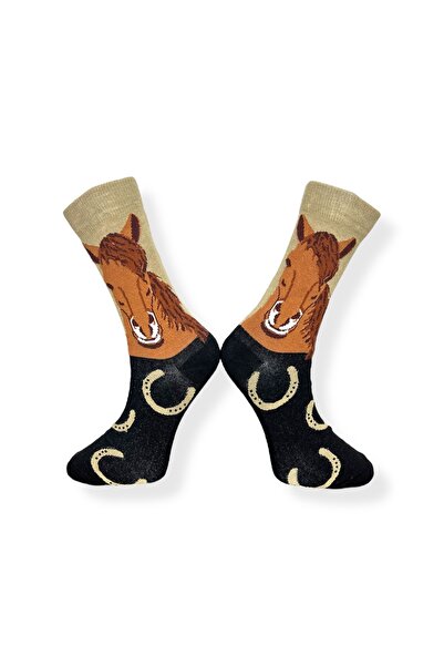 Mevo Single Unisex Horse Patterned Brown Stretchy Moisture Cotton Socks
