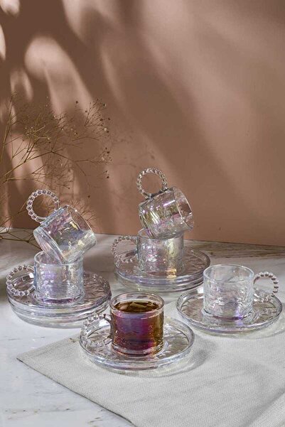 CENGİZ ÇEYİZ Ringo Stone Lüster 6'lı Boncuk Kulplu Çay Kahve Fincan Takımı 20...