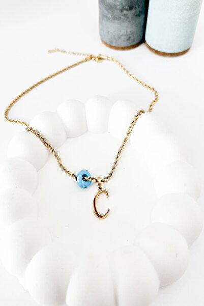 Pretty Mavi Boncuk Ve ( C ) Harfi Gold Renk Burgu Model Kararmaz Çelik Kolye