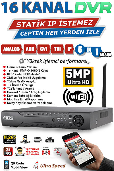 IDS 16 Kanal 5mp 2k Ultra Hd H265 Dvr Kayıt Cihazı - Yüz Tanıma - Wıfı - Araç Ve Insan Algılama