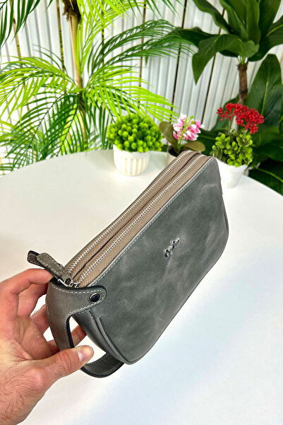 CüzCan Rewoler Antik Сірий Ручна сумка з подвійною блискавкою з натуральної шкіри