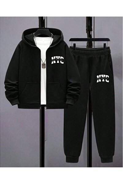 cm buseyiz Горен-долен анцуг за момче с цип и качулка с принт Nyc