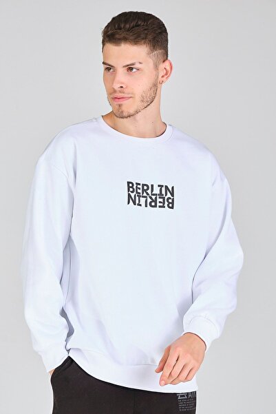 CC STORE Hanorac moale, moale, moale, cu gât crew, cu imprimeu în față, alb, pentru bărbați