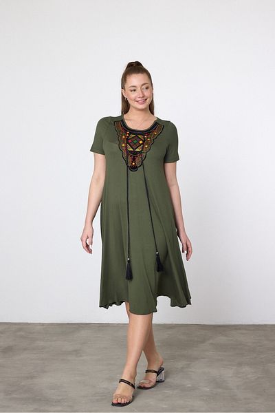 AYASOFYA OTANTIK Women's Khaki Ethnic Embroidery Detailed Short Sleeve Combed Cotton Dress