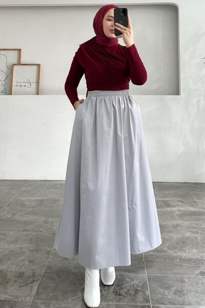 ALYAM BUTİK POPLİN STANDART BEDEN CEPLİ UZUN ETEK