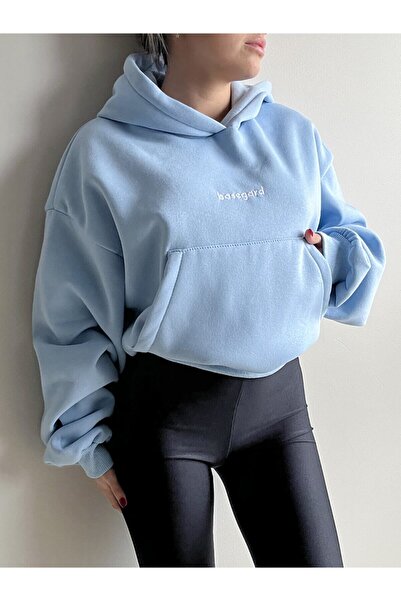 CC STORE Γυναικείο μπλουζάκι με κουκούλα Baby Blue Oversize Basic με λεπτομέρεια τσέπης