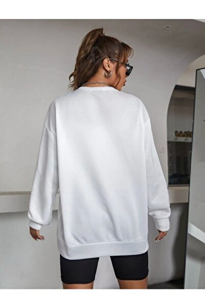 CC STORE Hanorac cu imprimeu alb roz pentru femei cu gât rotund