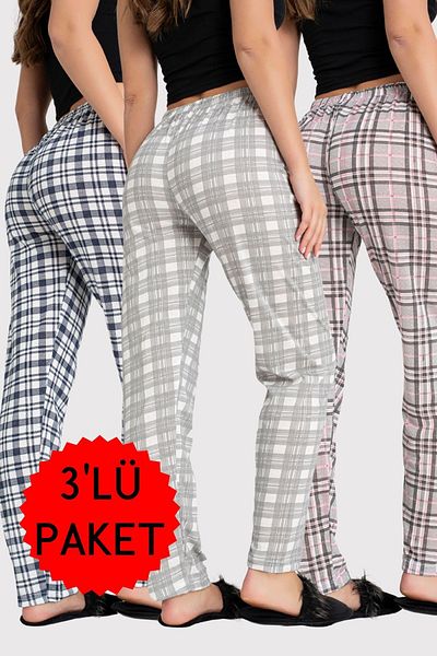 DONEX Balení 3 kusů bavlněné tenké prodyšné látky Stuha v pase Detailní potištěné dámské pyžamové kalhoty bez kapsy