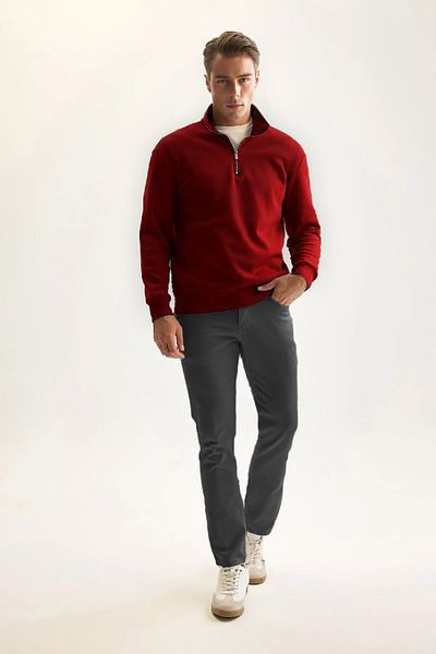 PURE EFFECT Men's Red Fleece Cotton Sweatshirt - Stand Collar, Zip-Up, Thick
