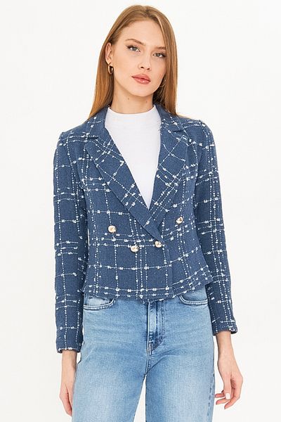 armonika Jachetă crop din tweed pentru femei, albastru închis la dublu piept ARM-24K001014