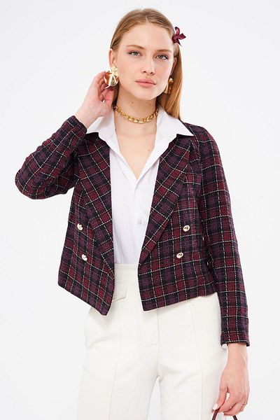 armonika Női szilva duplasoros galléros Tweed Crop kabát