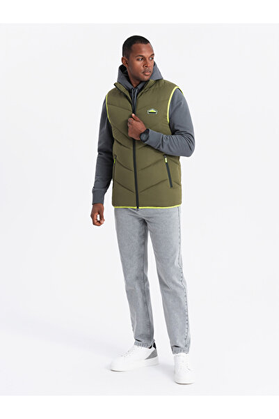 OMBRE Men's quilted sleeveless jacket with neon accents - olive V5 OM-JAVJ-0210 S/M