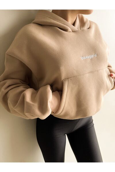 CC STORE Γυναικείο φούτερ με κουκούλα σε καφέ καμήλα Oversize Basic με κουκούλα με λεπτομέρεια