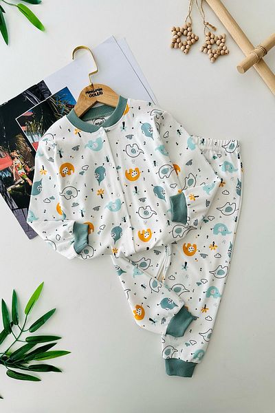Minigimin Cicileri Set de pijamale unisex pentru copii din bumbac imprimat cu elefanți My Mini - verde petrol