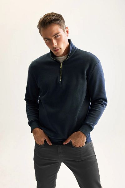 PURE EFFECT Men's Indigo 3-Thread Cotton Raised Fleece Inside Regular Fit Stand Collar Zip-Up Thick Sweatshirt
