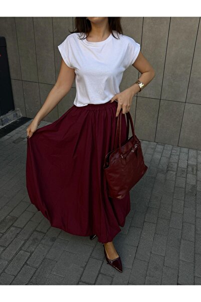 minaaise Women's Burgundy Elastic Long Lined Balloon Skirt 29004