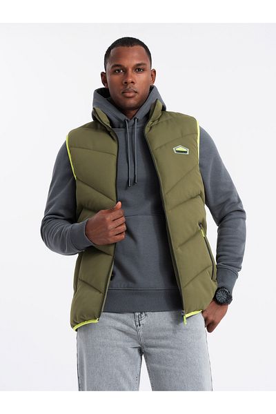 OMBRE Pánská prošívaná bunda bez rukávů s neonovými akcenty - olivová V5 OM-JAVJ-0210 L/XL