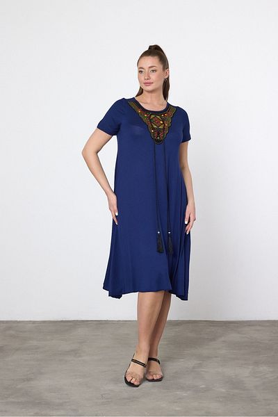 AYASOFYA OTANTIK Women's Navy Blue Ethnic Embroidery Detailed Short Sleeve Combed Cotton Dress