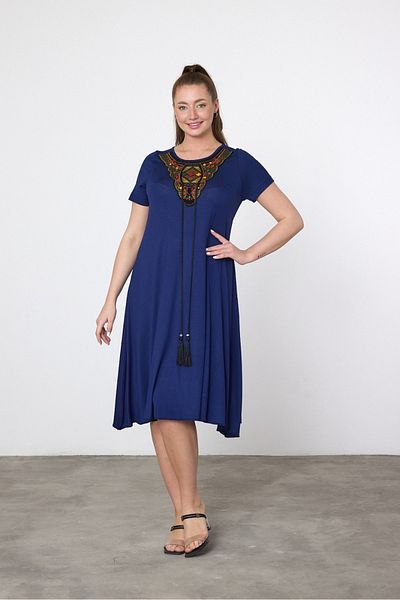 AYASOFYA OTANTIK Women's Navy Blue Ethnic Embroidery Detailed Short Sleeve Combed Cotton Dress