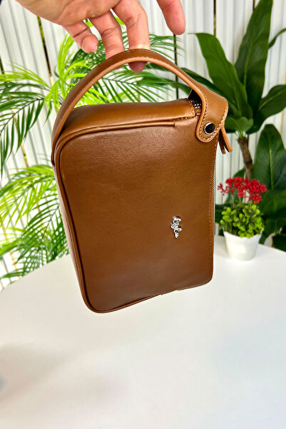 CüzCan Geantă de mână Rewoler Tan din piele naturală cu fermoar dublu