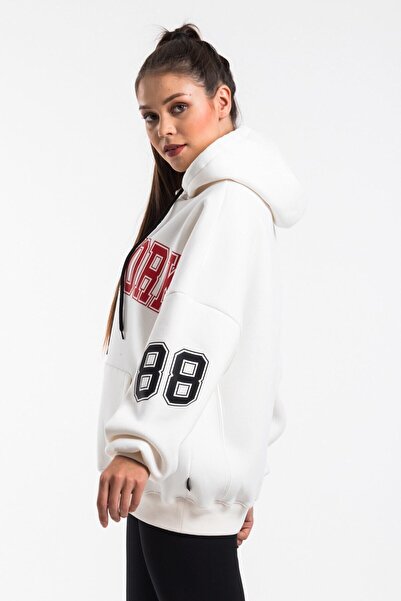 CC STORE Women's Ecru Color Print Detailed Oversize Sweatshirt