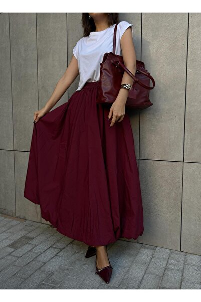 minaaise Women's Burgundy Elastic Long Lined Balloon Skirt 29004