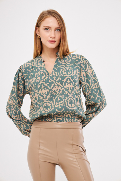 armonika Green V-Neck and Pleat Detailed Elastic Waist Blouse - Arm-25K 001003