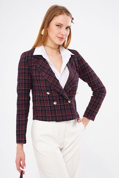 armonika Női szilva duplasoros galléros Tweed Crop kabát