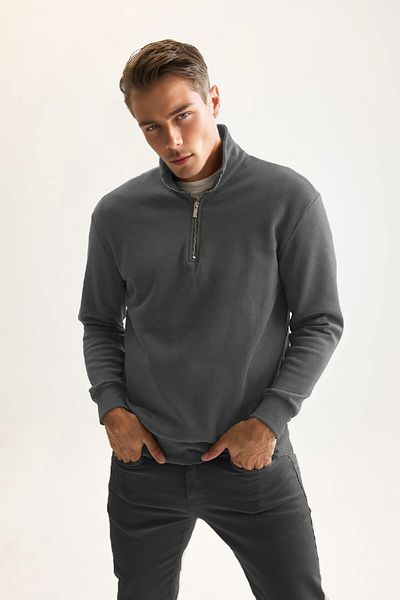 PURE EFFECT Men's Smoked 3 Thread Cotton Raised Fleece Inside Regular Fit Stand Collar Zippered Thick Sweatshirt