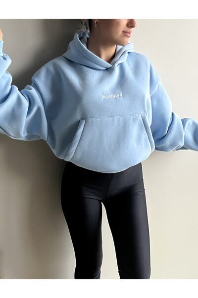 CC STORE Γυναικείο μπλουζάκι με κουκούλα Baby Blue Oversize Basic με λεπτομέρεια τσέπης