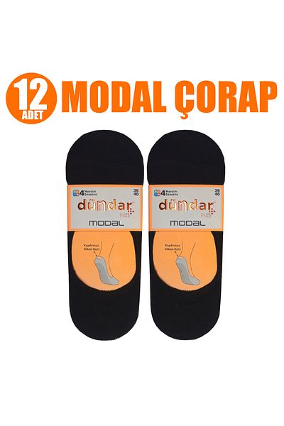Dündar 12 Pieces Black Silicone Banded Plus 4 Season Anti-Slip Modal Ballerina Socks - Unisex