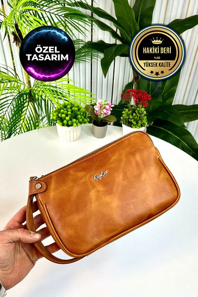 CüzCan حقيبة يد من الجلد الطبيعي بسحاب مزدوج من Rewoler Antique Tan