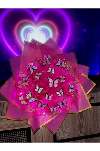 Store Led Işıklı Koyu Pembe Kelebek Çiçek Buketi Doğum Günü Sevgililer Günü A...