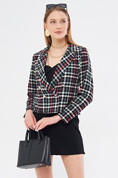 armonika Γυναικείο Πράσινο Διπλό Μπουφάν Tweed Crop γιακά ARM-24K001014