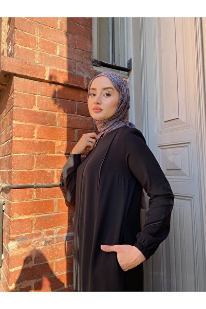 JALİA Black Piping Detailed Handle Elastic Comfortable Fit Thin Woven Zippered Ferace