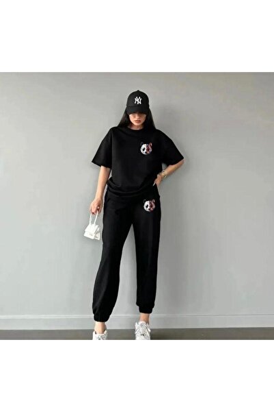 Pink Sky Black Oversize T-Shirt + Elastic Raincoat Tracksuit - Colorful Panda Printed Set